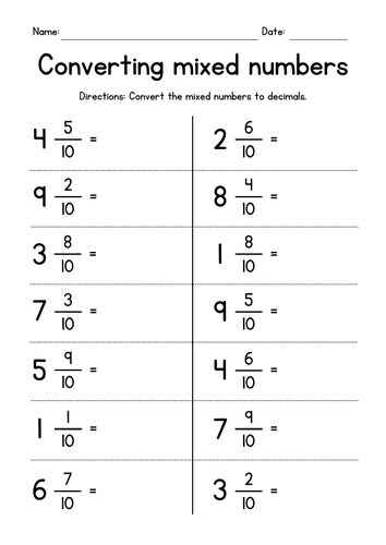 Converting Mixed Numbers to Decimals Worksheets