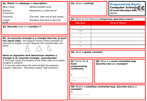 A-Level Comp Sci Revision 001 - Programming Basics | Teaching Resources