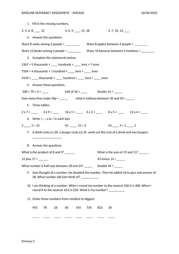 Baseline assessment term 1,2&3 - P5 | Teaching Resources