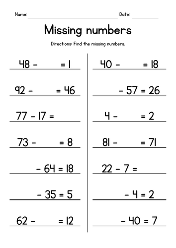 Subtracting 2-Digit Numbers - Missing Numbers