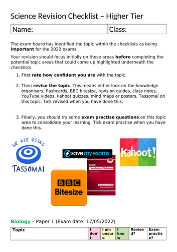 Edexcel Combined Science Higher Tier Revision checklist | Teaching ...