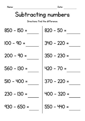 Subtracting Whole Tens - Subtraction Worksheets