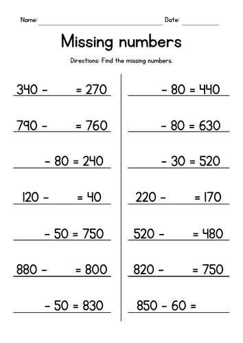 Subtracting Whole Tens - Missing Numbers