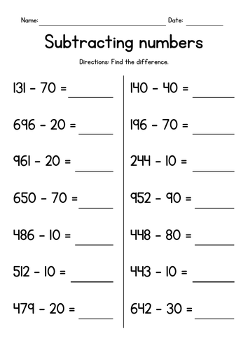 Subtracting Whole Tens from 3-Digit Numbers