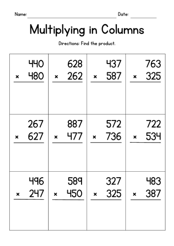 Multiplying Two 3-Digit Numbers Worksheets