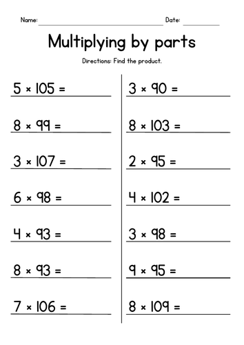 Multiplying by Parts (distributive property) Worksheets
