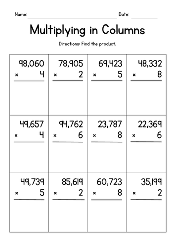 Multiplying 5-Digit by 1-Digit Numbers Worksheets