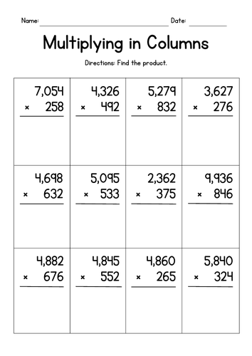 Multiplying 4-Digit by 3-Digit Numbers Worksheets