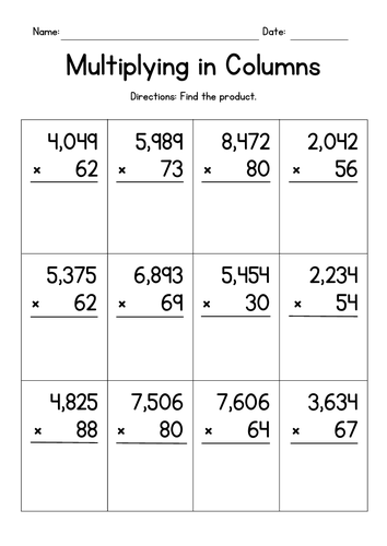 Multiplying 4-Digit by 2-Digit Numbers Worksheets