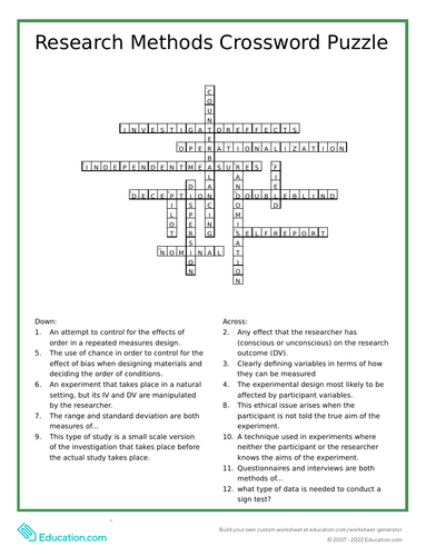 AQA Psychology Research Methods Crossword Puzzle Teaching Resources