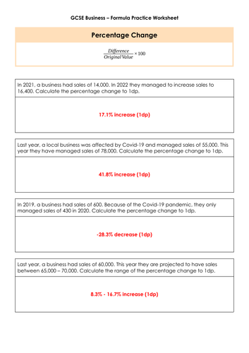 GCSE Business - Percentage Change Practice | Teaching Resources