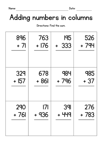 Adding 3-Digit Numbers in Columns Worksheets
