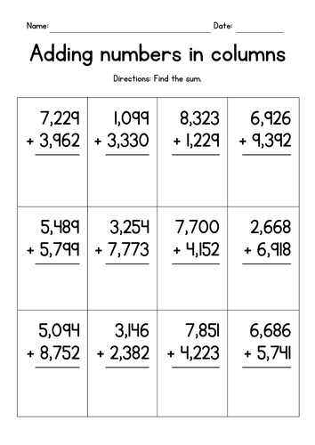 Adding 4-Digit Numbers in Columns Worksheets