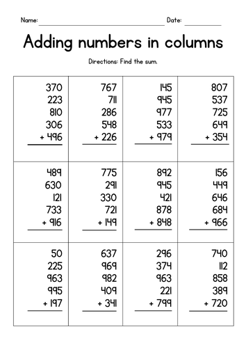 Adding Five 3-Digit Numbers in Columns Worksheets