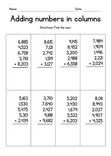 Adding Five 4-Digit Numbers in Columns Worksheets