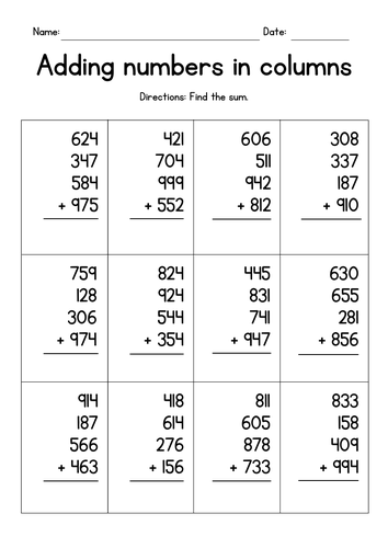 Adding Four 3-Digit Numbers in Columns Worksheets