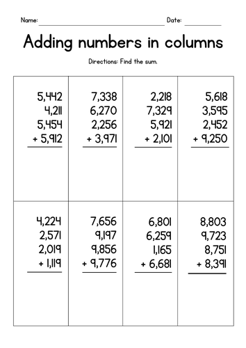 Adding Four 4-Digit Numbers in Columns Worksheets