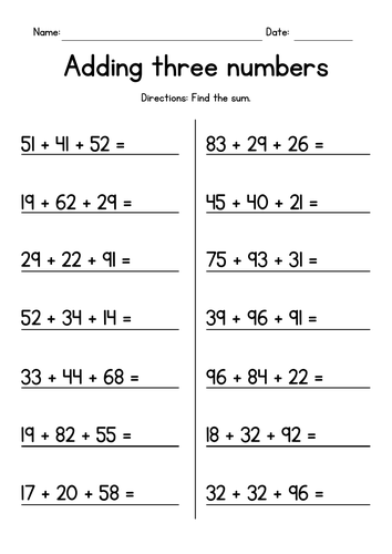 Adding Three 2-Digit Numbers Worksheets