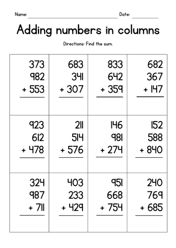 Adding Three 3-Digit Numbers in Columns