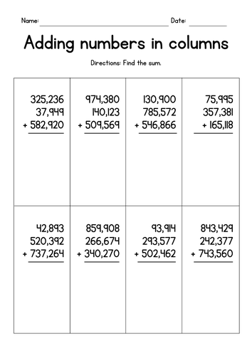 Adding Three 5-Digit or 6-Digit Numbers in Columns