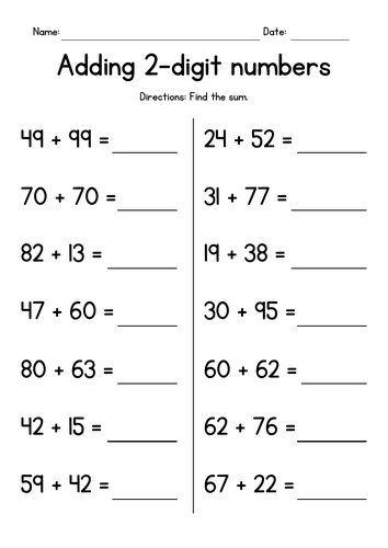 Adding Two 2-Digit Numbers Worksheets