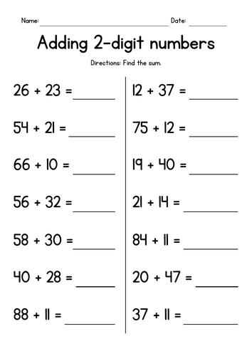 Adding Two 2-Digit Numbers Worksheets