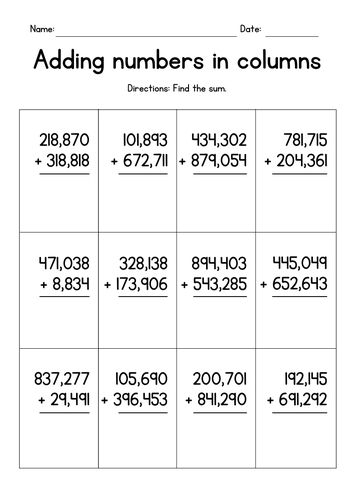 Adding Two Large Numbers in Columns Worksheets