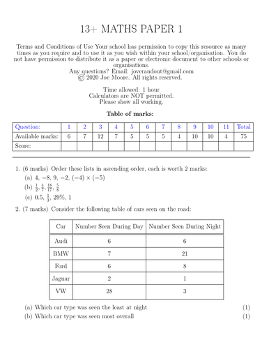 13+ maths paper 1