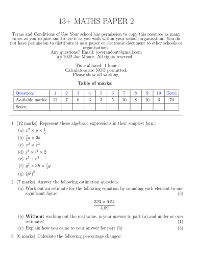 13+ maths paper 2