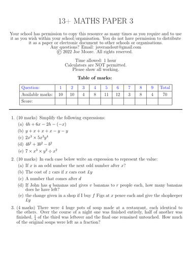 13+ maths paper 3