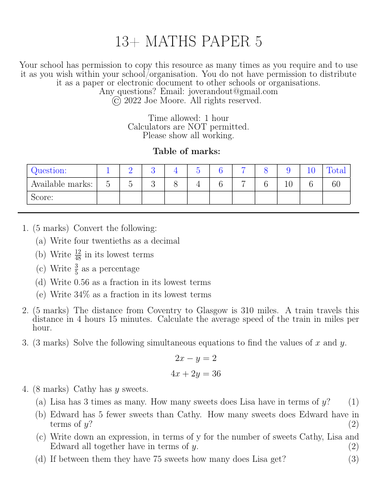 13+ maths paper 5