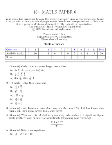 13+ maths paper 6