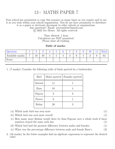 13+ maths paper 7