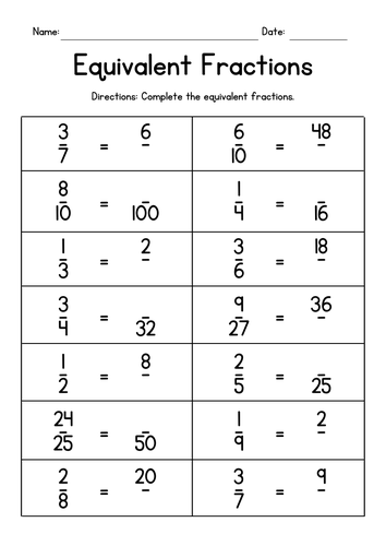 Converting Equivalent Fractions Worksheets