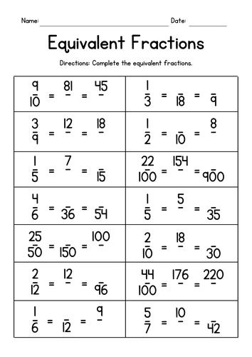 Converting Equivalent Fractions Worksheets