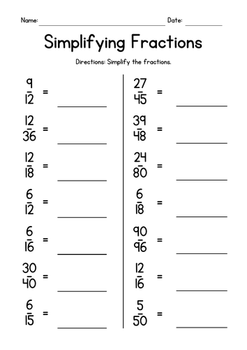 Simplifying Proper Fractions Worksheets