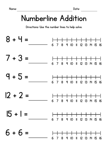 Numberline Addition Worksheets - Numbers up to 16