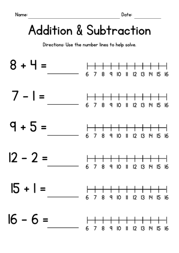 Numberline Addition and Subtraction - Numbers up to 16