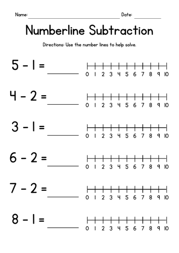 Numberline Single Digit Subtraction Worksheets