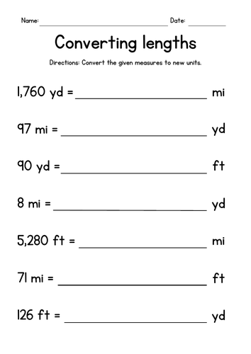 Converting Lengths (miles, yards and feet) - Measurement Worksheets