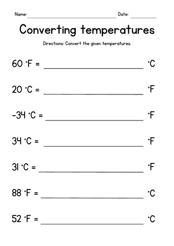 Converting Between Fahrenheit and Celsius - Temperature Worksheets