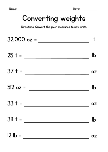 Converting Weights (ounces, pounds and tons) Worksheets