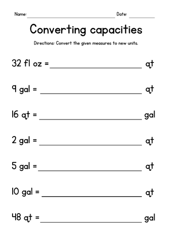 Converting Volumes (ounces, quarts and gallons) Worksheets