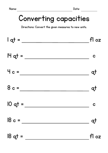 Converting Volumes (ounces, cups and quarts) Worksheets