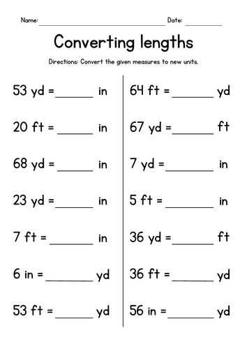 Converting Lengths (yards, feet and inches) - Measurement Worksheets
