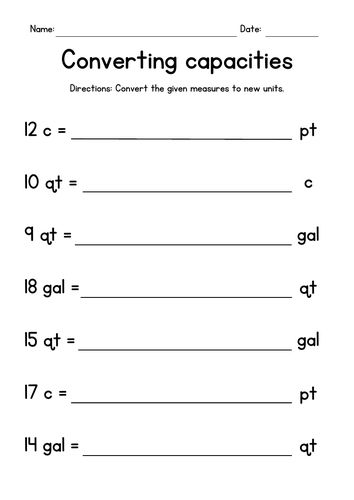 Converting Cups, Pints, Quarts and Gallons - Measurement Worksheets