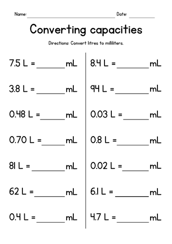 Converting Metric Volumes - Liters and Milliliters - Measurement Worksheets
