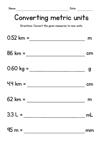 Converting Metric Units of Length, Weight and Capacity Worksheets