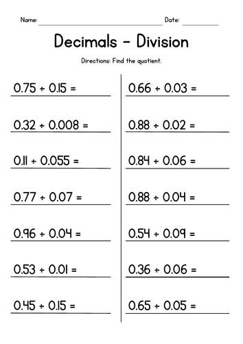 Dividing 2-Digit Decimals  by Decimals Worksheets