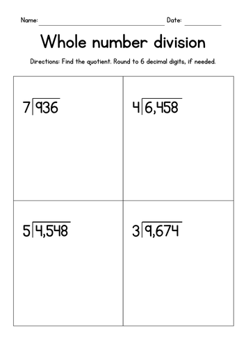 Whole Number Division (decimal quotients) Worksheets
